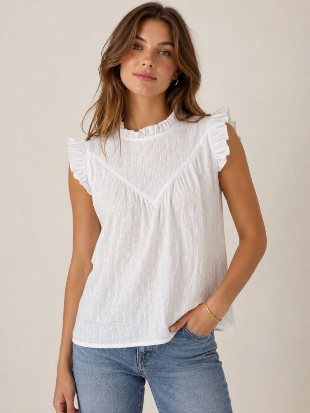Hem & Thread White Cotton Sleeveless Blouse Ruffle Trim Keyhole Back Cottagecore